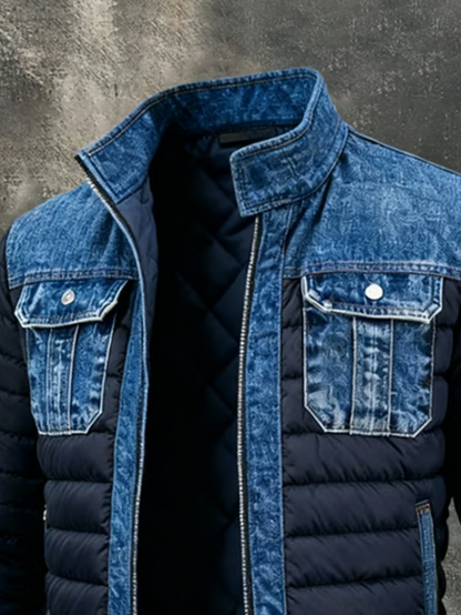 Close-up of the stand collar, denim chest pockets with snap buttons and diamond-quilted lining 2