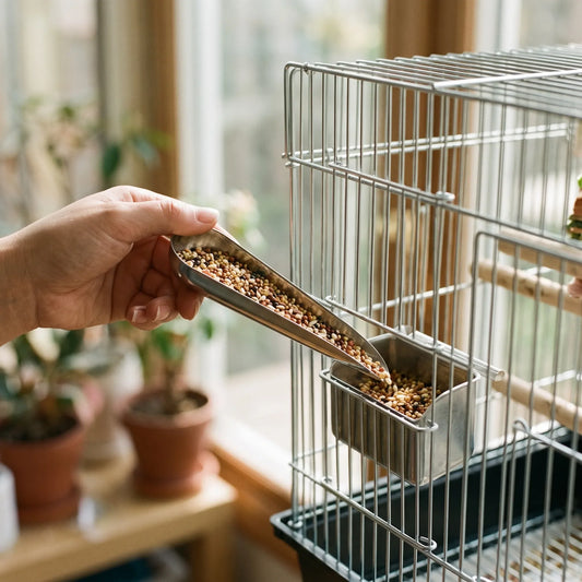 Hand using the scoop to tip mixed seed into a metal feeding dish attached to a wire bird cage. 2