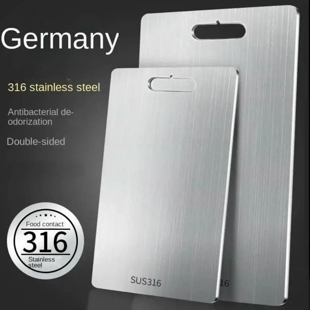 Two overlapping brushed metal boards with handle cut-outs against a dark background, with promotional text about steel grade and double-sided use. 4