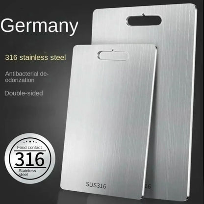 Two overlapping brushed metal boards with handle cut-outs against a dark background, with promotional text about steel grade and double-sided use. 4