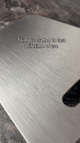 Close-up of the brushed metal surface and an oval handle cut-out, with a caption overlay about lasting use. 8