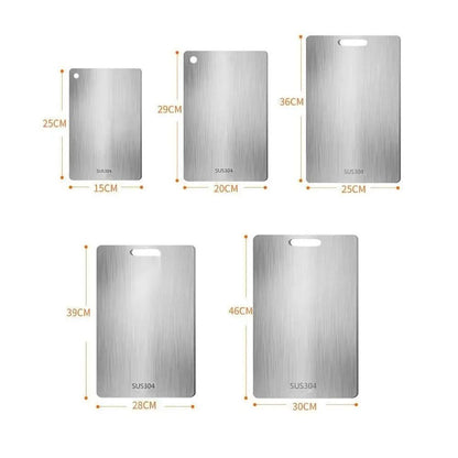 Flat lay of five brushed metal boards in graduated sizes, with dimensions marked in orange and differing handle cut-outs. 2