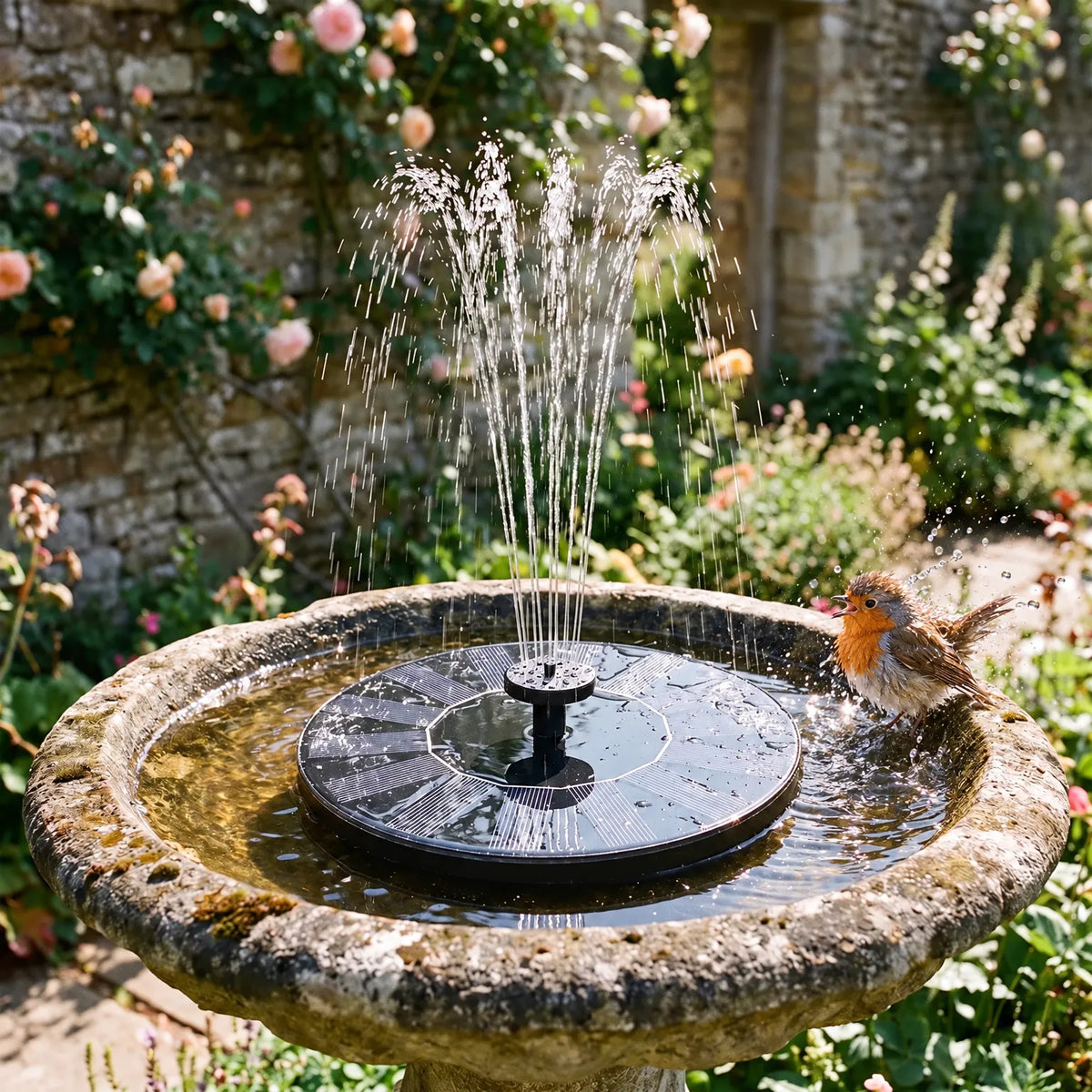 Fountain floating in a mossy stone bird bath in a sunny cottage garden while a wet robin splashes at the edge. 2