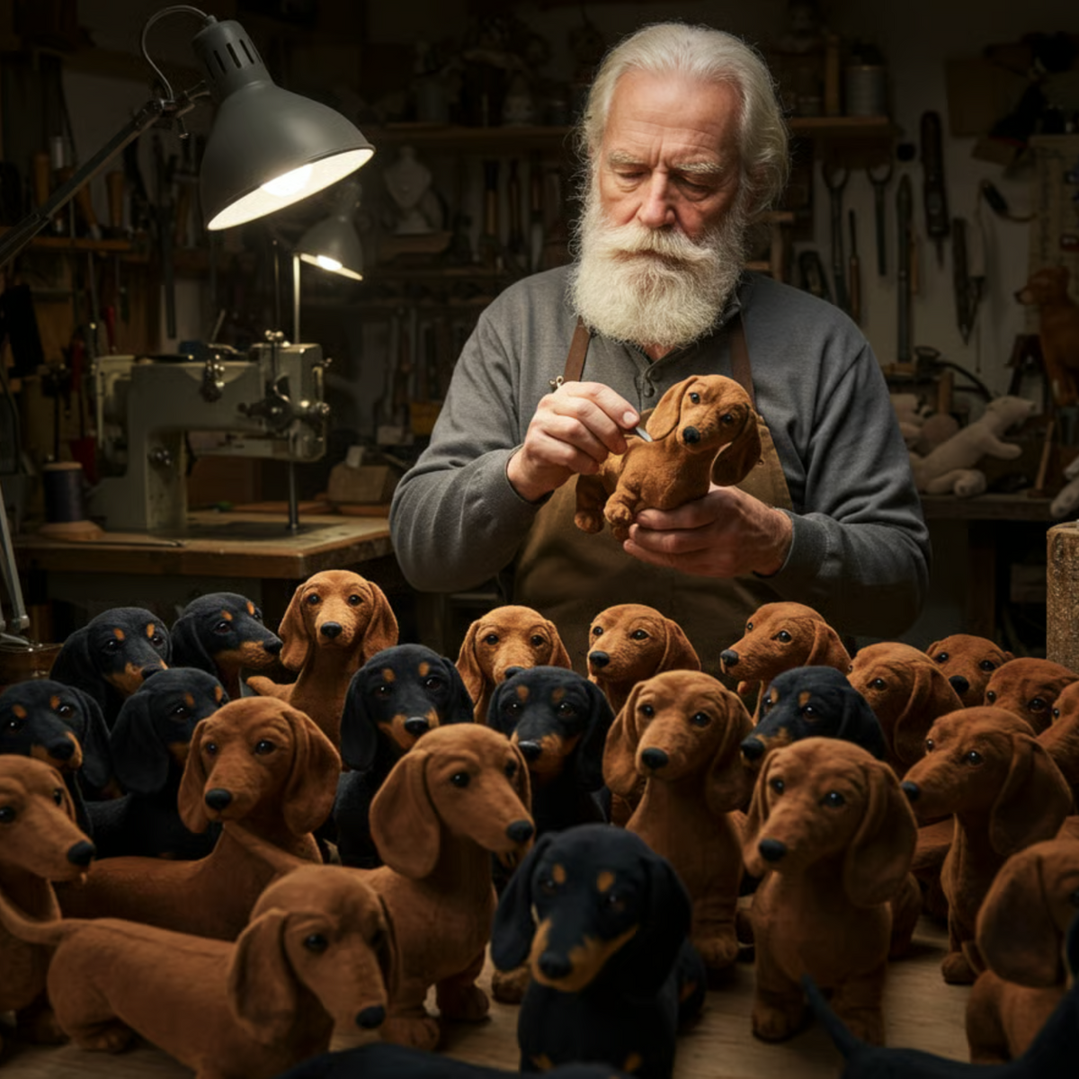 Bearded craftsman in a workshop stitching a brown plush dachshund, with rows of tan and black-and-tan dachshunds on the table. 4