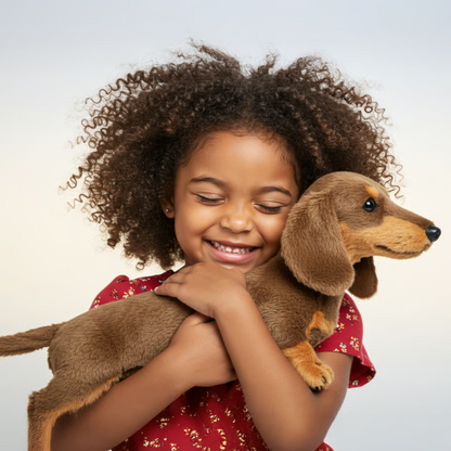 Smiling child with curly hair in a red floral dress cuddling a long brown plush dachshund against their cheek. 7