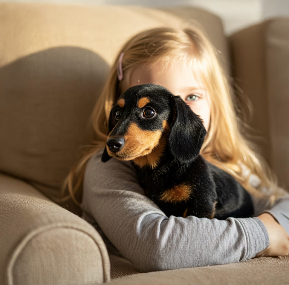 Child with long blonde hair sitting in an armchair, arms wrapped around a black-and-tan plush dachshund looking off to one side. 9