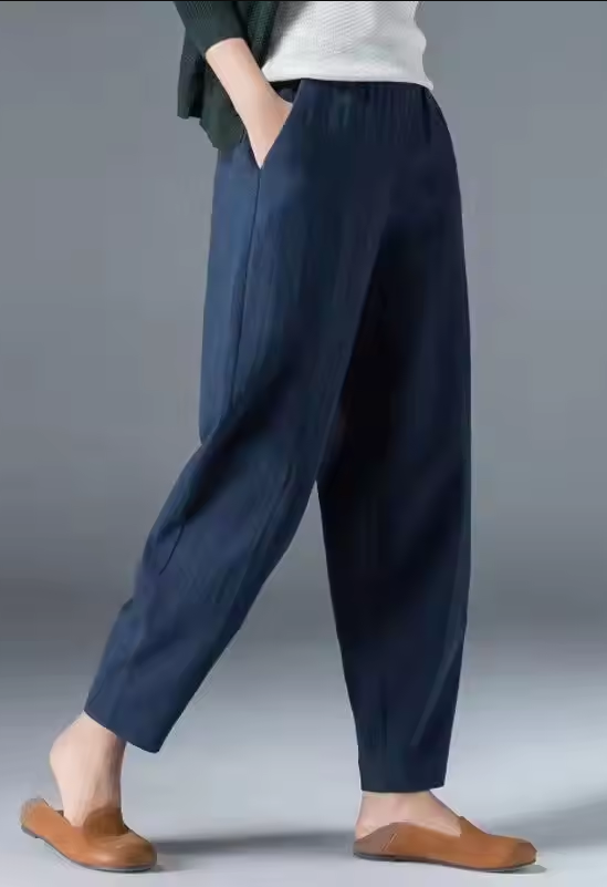 Ladies' autumn trousers in a linen-cotton blend with an elasticated waistband – Clara