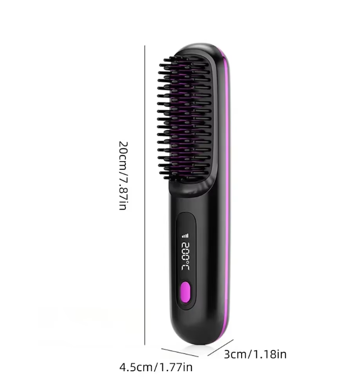 Black and purple brush shown upright with dimension lines marking its length, width and thickness in centimetres and inches. 7
