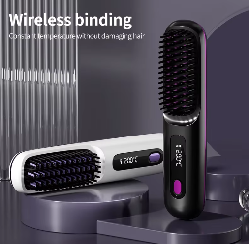 Black and white versions of the brush standing on grey platforms, both with illuminated temperature displays, under a promotional heading about wireless use. 2