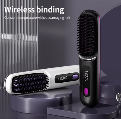Black and white versions of the brush standing on grey platforms, both with illuminated temperature displays, under a promotional heading about wireless use. 2