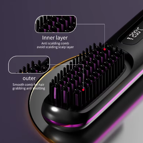 Close-up of the brush head with callouts explaining the soft inner bristle layer and the smooth outer comb teeth. 4