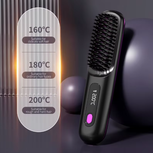 Black brush leaning against purple spheres beside a panel listing three heat settings for delicate, ordinary and coarse hair types. 5