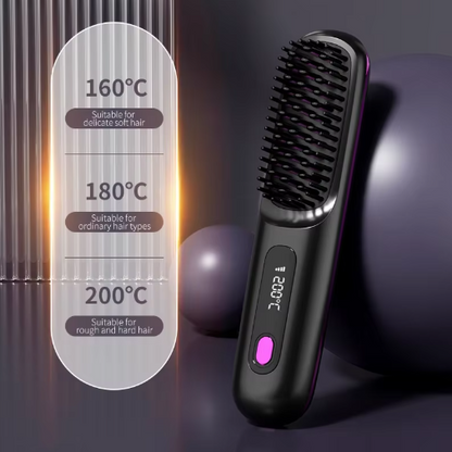Black brush leaning against purple spheres beside a panel listing three heat settings for delicate, ordinary and coarse hair types. 5