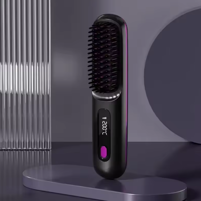 Black and purple brush standing upright on a grey display stand in front of a ribbed glass panel, its temperature display lit. 11