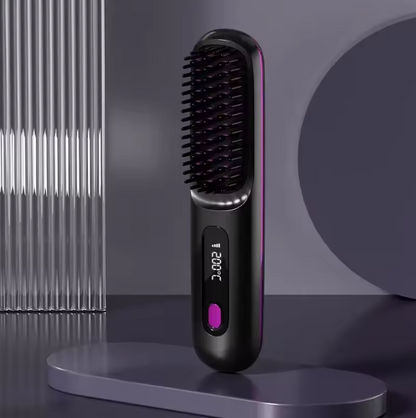 Black and purple brush standing upright on a grey display stand in front of a ribbed glass panel, its temperature display lit. 11