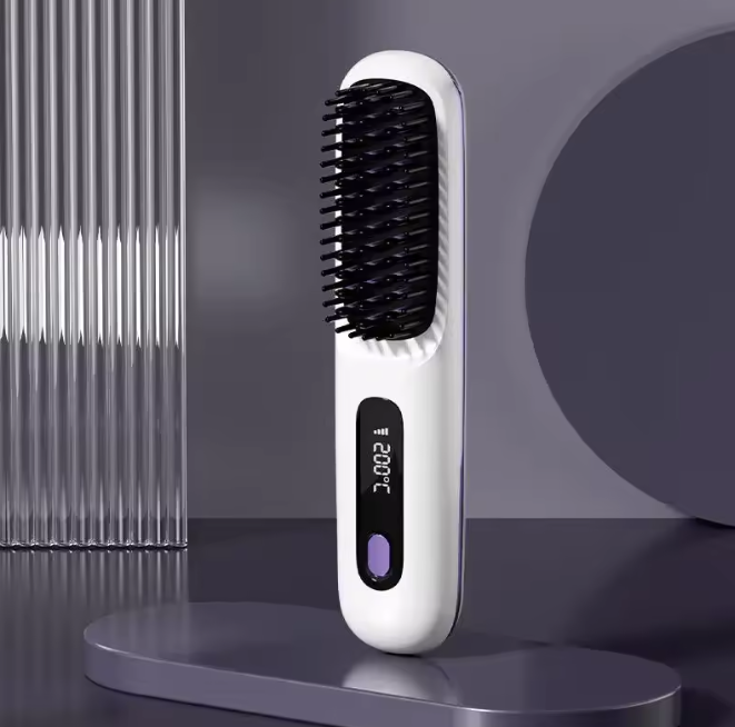 White brush with black bristles standing upright on a grey display stand, its temperature display lit and a lilac power button below. 10