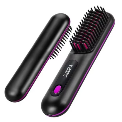 Two black and purple cordless heated brushes, one lying on its side and one showing the digital temperature display and purple power button. 1