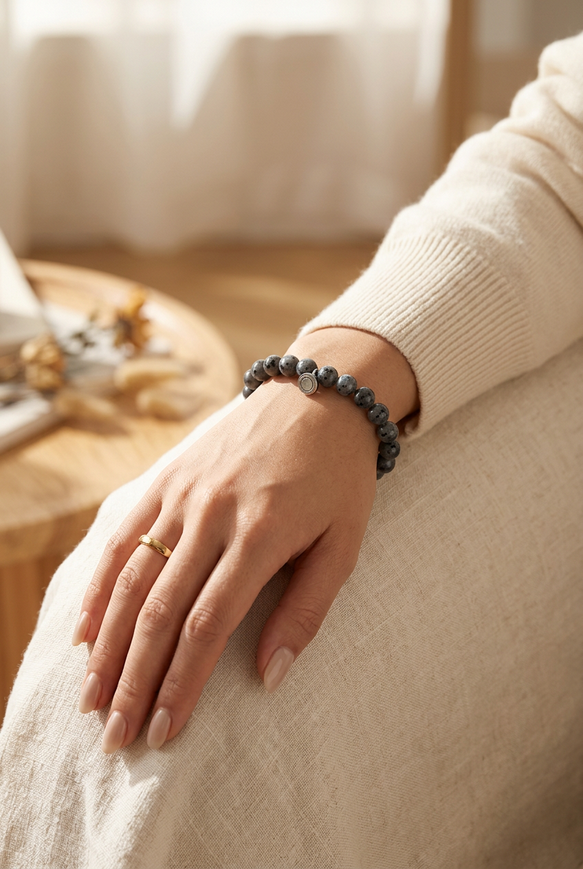 Woman wearing the grey speckled stone bracelet on her wrist, hand resting on a linen-covered lap 1