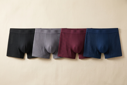 Flat lay of four boxer shorts in black, grey, burgundy and navy, with perforated side panels 2