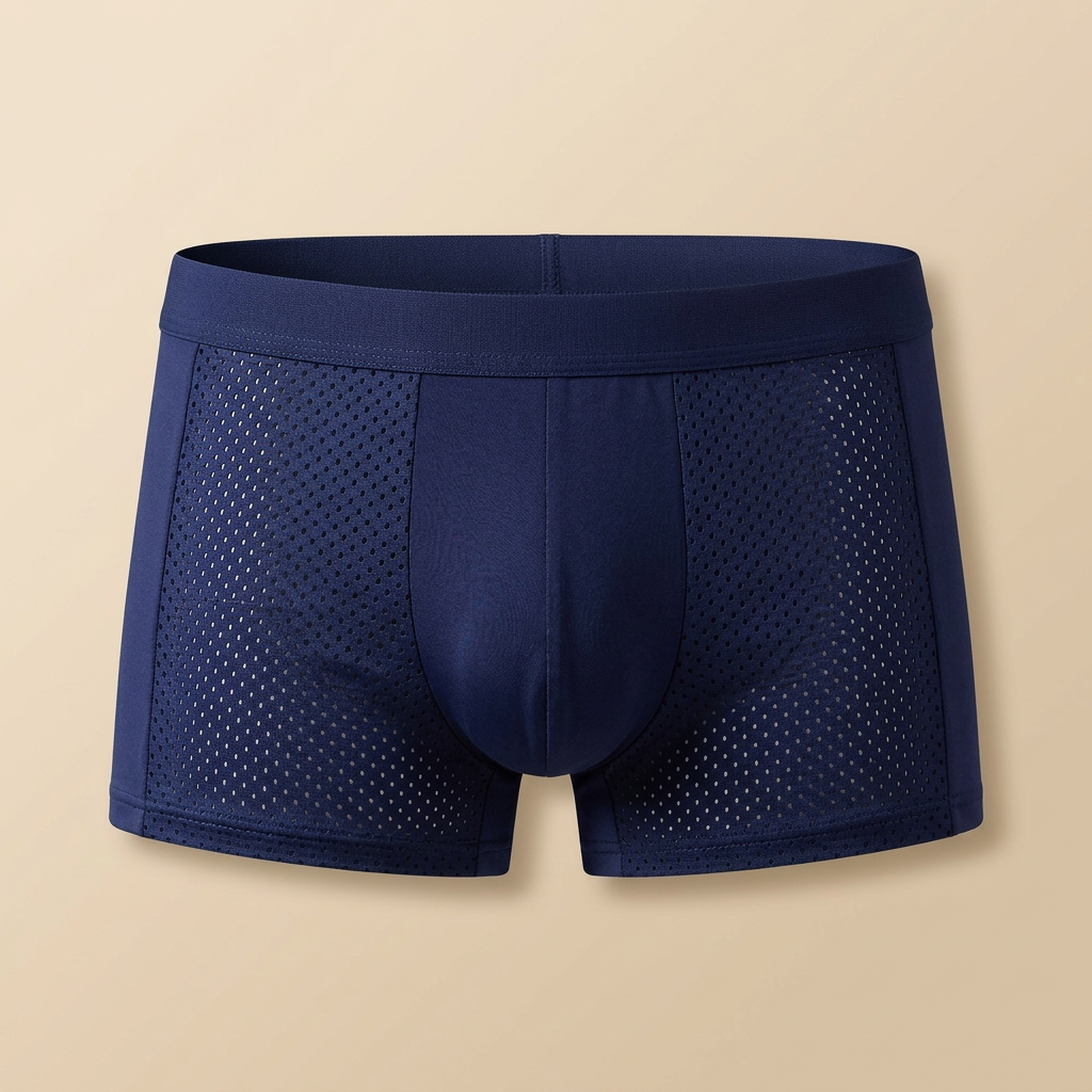 Front view of navy boxer briefs with perforated mesh side panels and a smooth plain centre panel 6