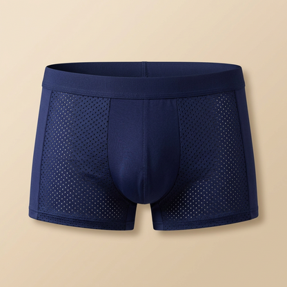 Front view of navy boxer briefs with perforated mesh side panels and a smooth plain centre panel 6