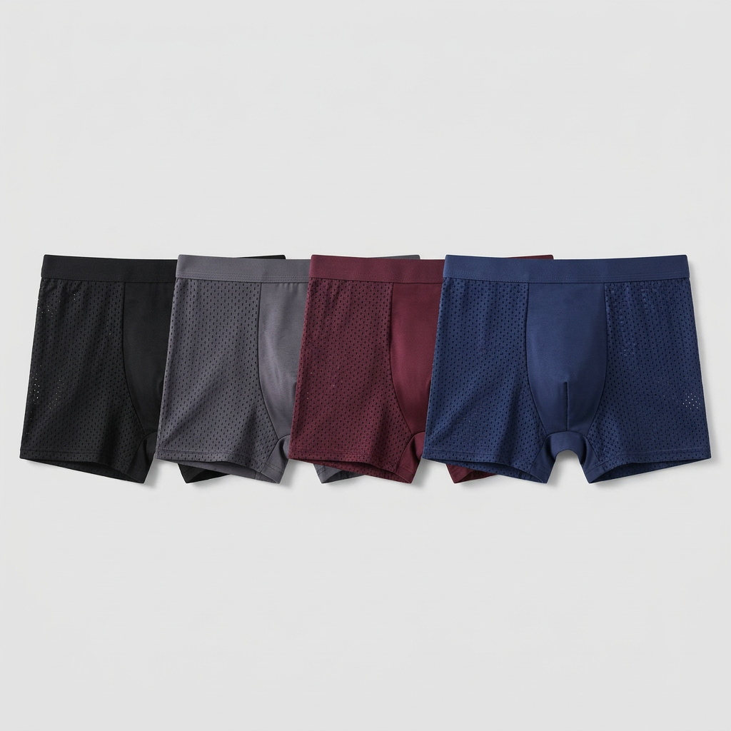 Flat lay of four mesh-panel boxer shorts in black, grey, burgundy and navy 3