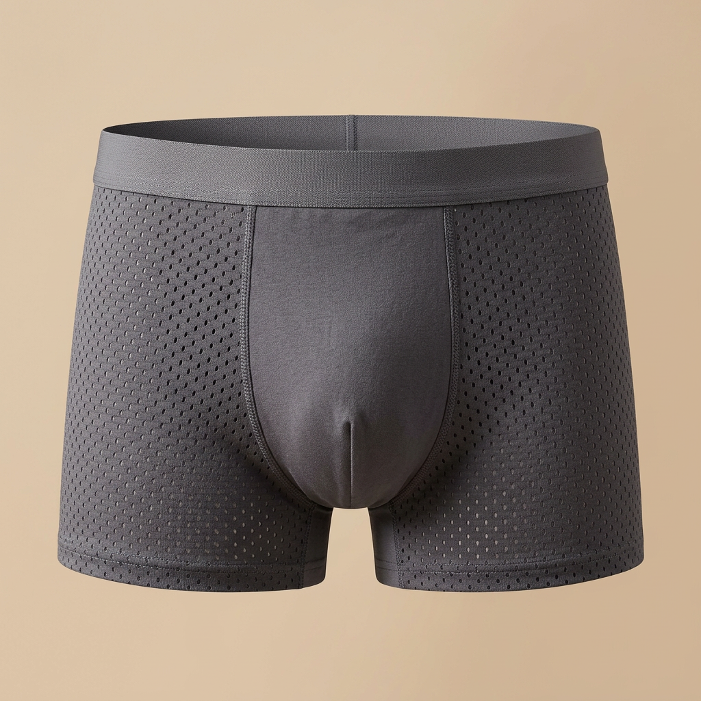 Front view of grey boxer briefs with perforated side panels and a smooth plain centre panel 5