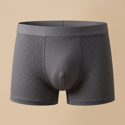 Front view of grey boxer briefs with perforated side panels and a smooth plain centre panel 5