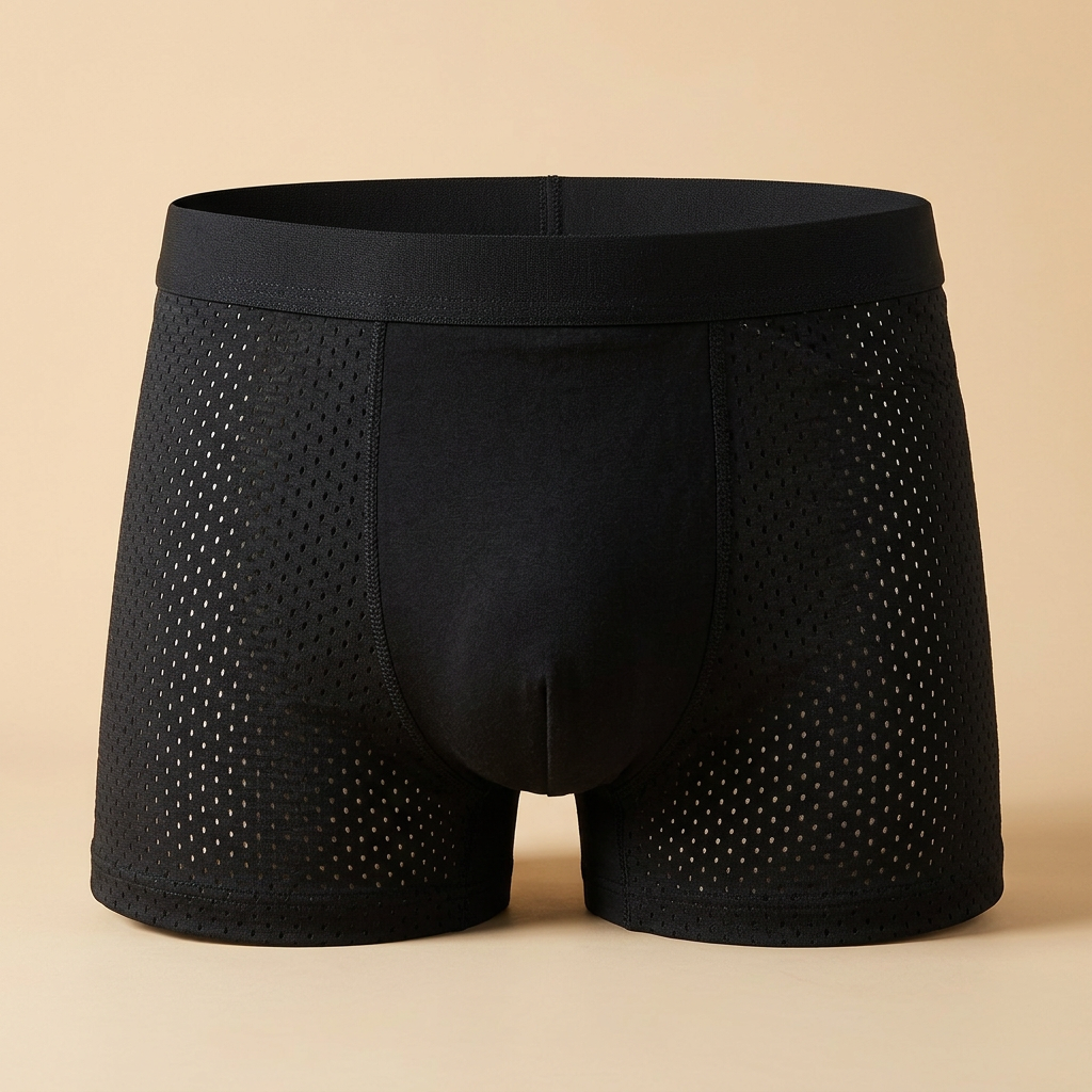 Front view of black boxer briefs with perforated mesh side panels and a wide elasticated waistband 8
