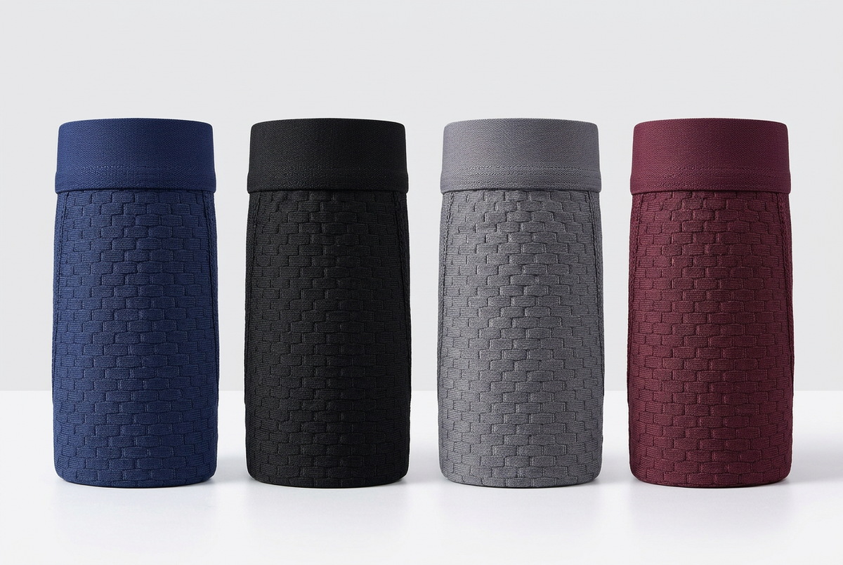 Four boxer shorts rolled into cylinders in navy, black, grey and burgundy, showing the textured weave 3