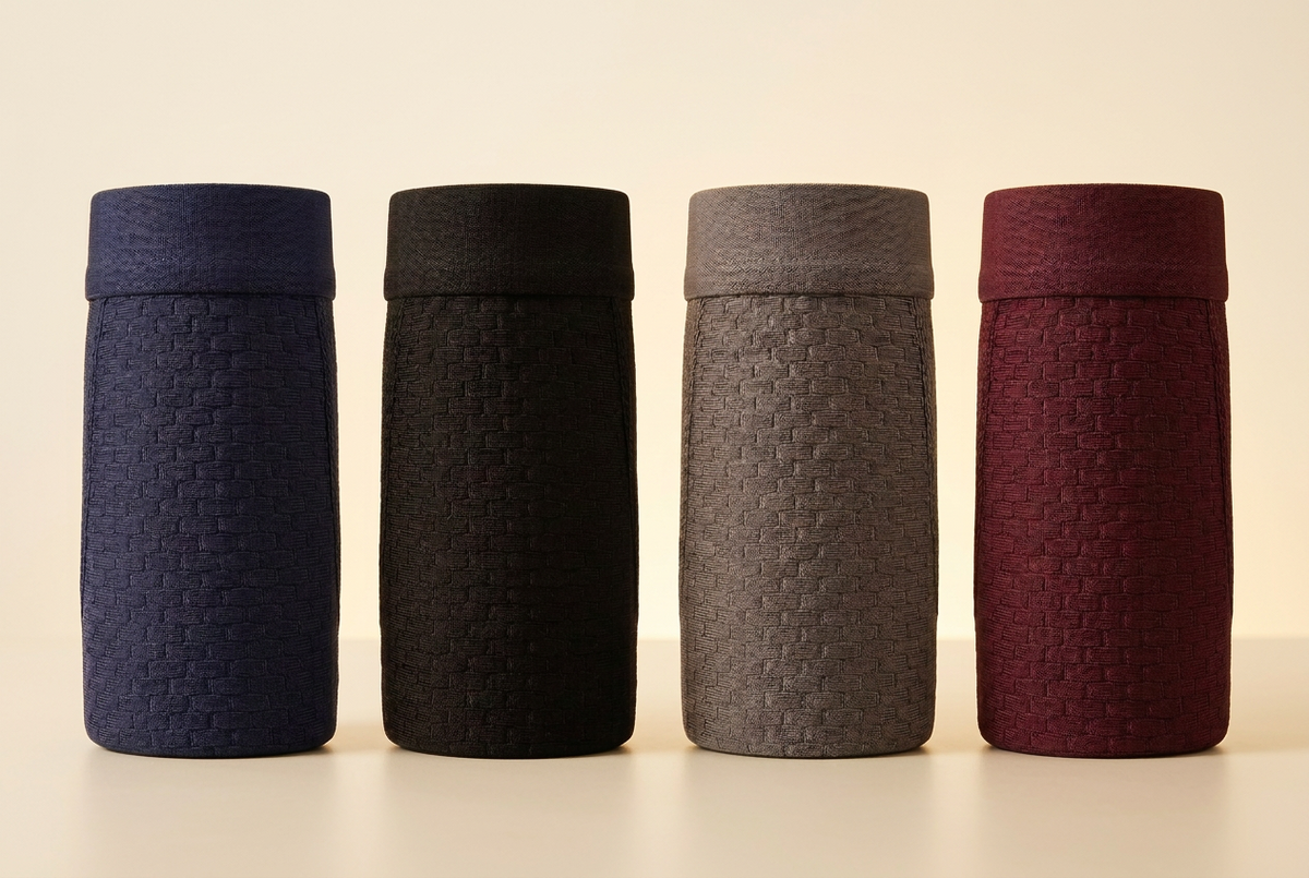 Four textured boxer shorts stood upright in a row, in navy, black, grey and burgundy 3