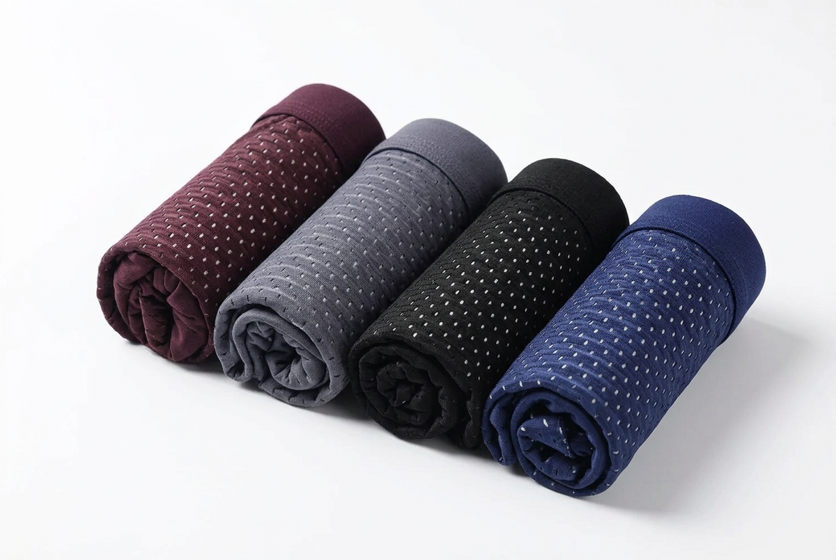Four boxers rolled up in a row in burgundy, grey, black and navy, showing the dotted mesh 2