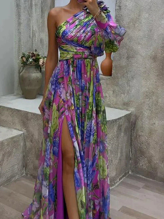 Lila Maxi Dress with Print and Side Split, one Sleeve - Viola