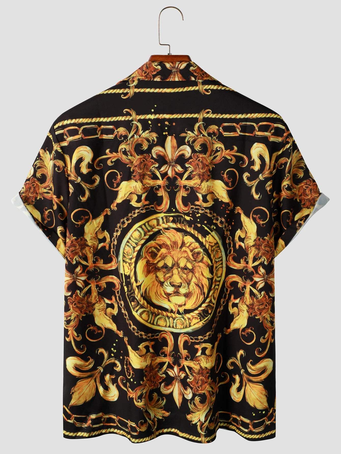 Expressive men's short-sleeved shirt with baroque pattern & lion motif – Dante