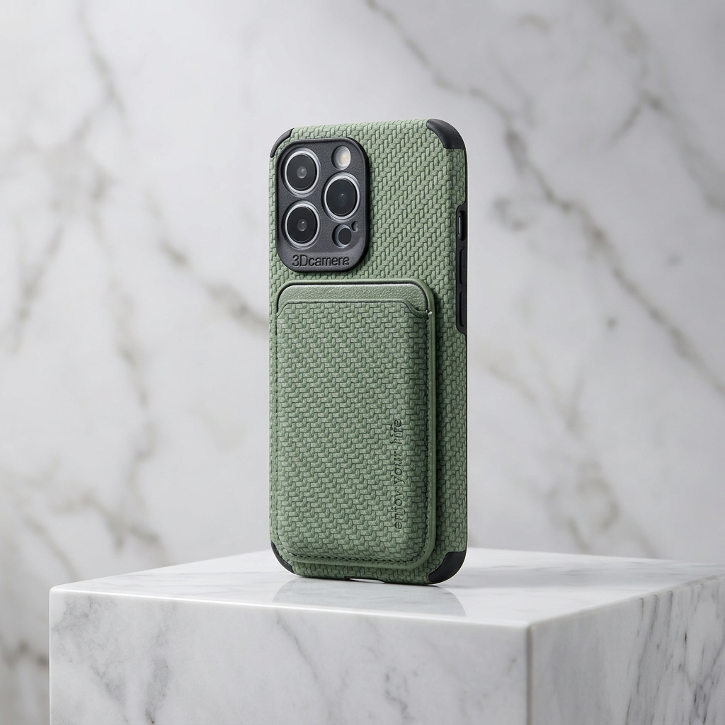 Green textured case with card holder, seen at an angle on a marble block 4