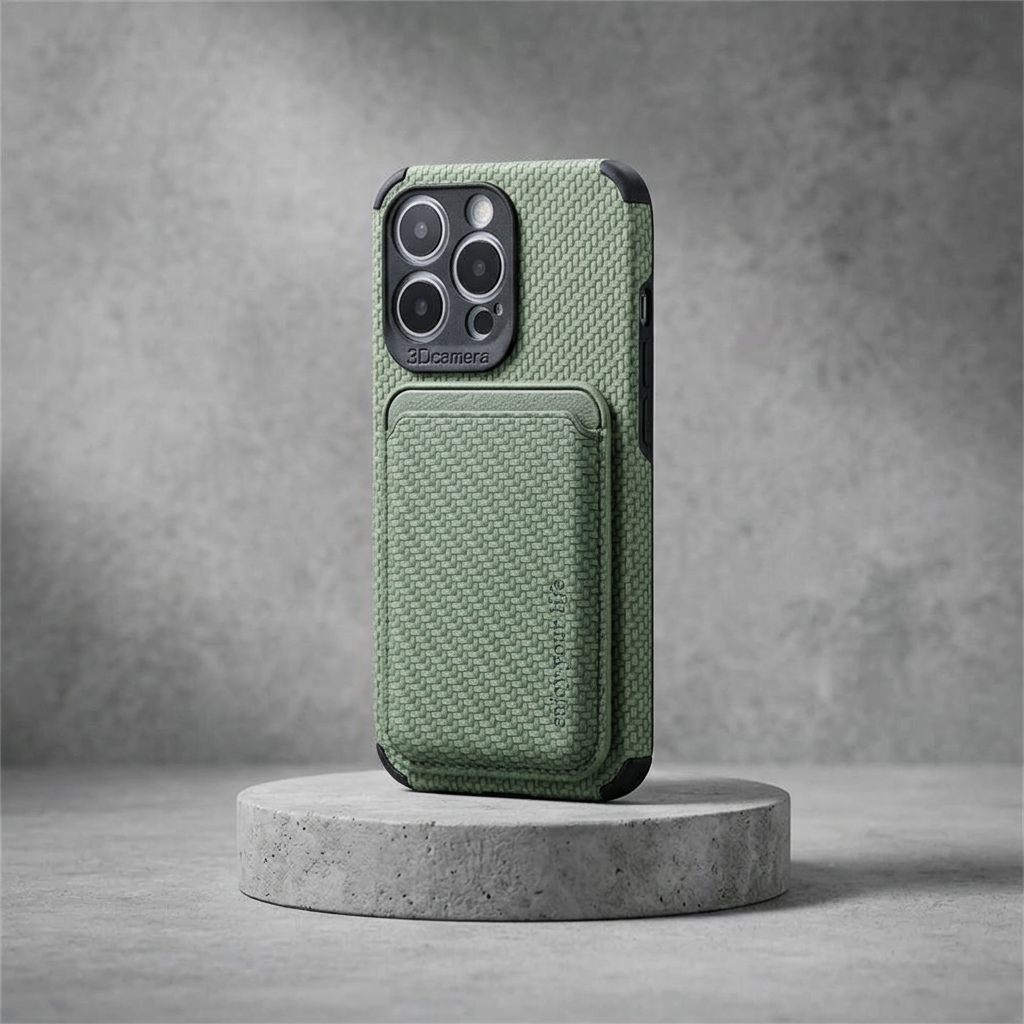 Green woven-texture phone case with card pocket, displayed on a round concrete plinth 3