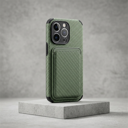 Green case with a woven carbon-effect finish and card pocket, shown at an angle on concrete 6