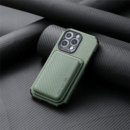 Green woven-texture case with attached card pocket and black corner bumpers, shown from the back 7