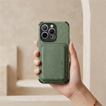 Hand holding a green woven-texture phone case with a card holder on the back 1