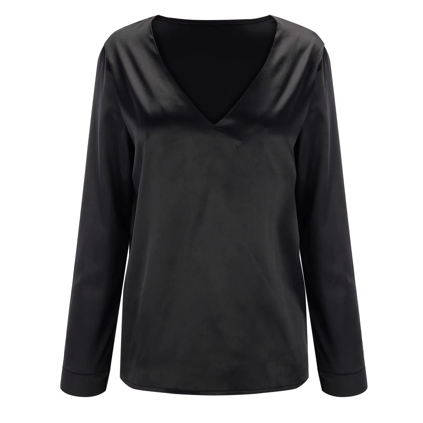 Autumn satin women's blouse with a deep V-neck and long sleeves – Daria