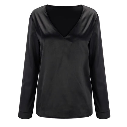 Autumn satin women's blouse with a deep V-neck and long sleeves – Daria