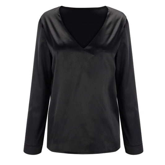 Autumn satin women's blouse with a deep V-neck and long sleeves – Daria