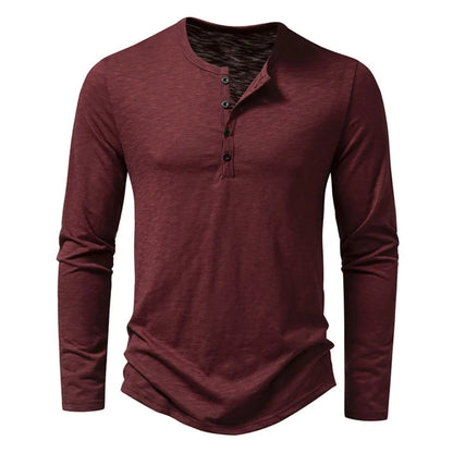 Burgundy long-sleeved Henley with four dark buttons and a flecked texture, shown flat from the front. 14