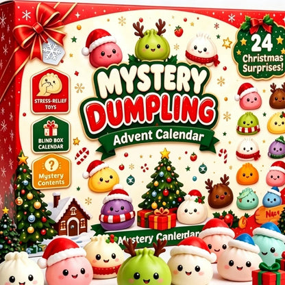 Front of the red festive advent calendar box decorated with smiling dumplings, a Christmas tree and a ribbon 1