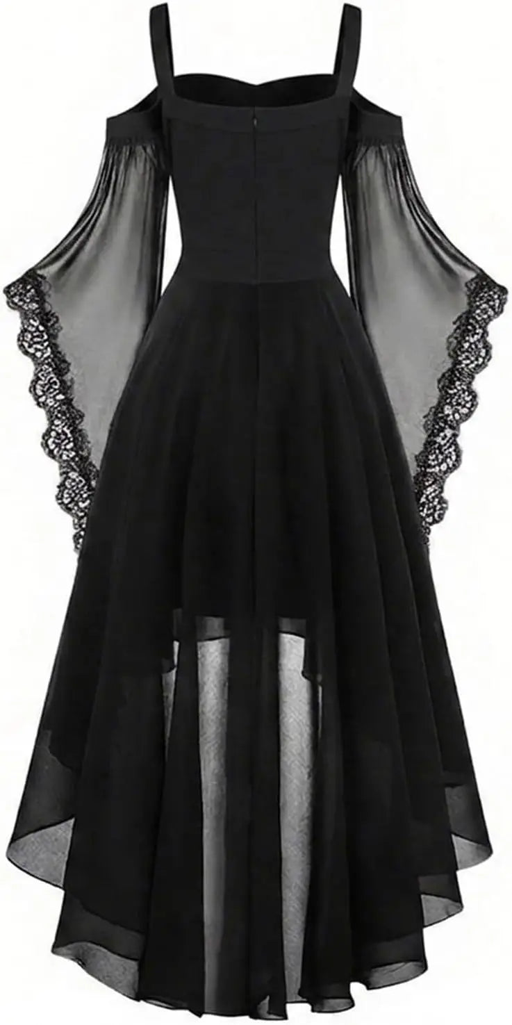 Back view of the black dress, with plain fitted bodice, lace-edged sheer sleeves and flowing high-low chiffon skirt 3