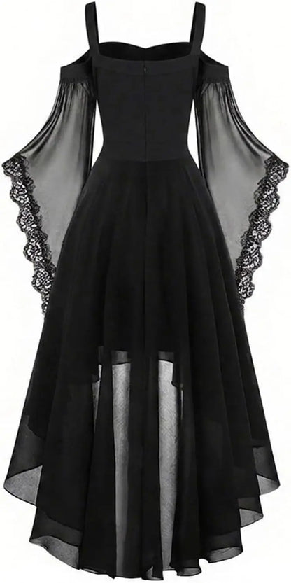 Back view of the black dress, with plain fitted bodice, lace-edged sheer sleeves and flowing high-low chiffon skirt 3