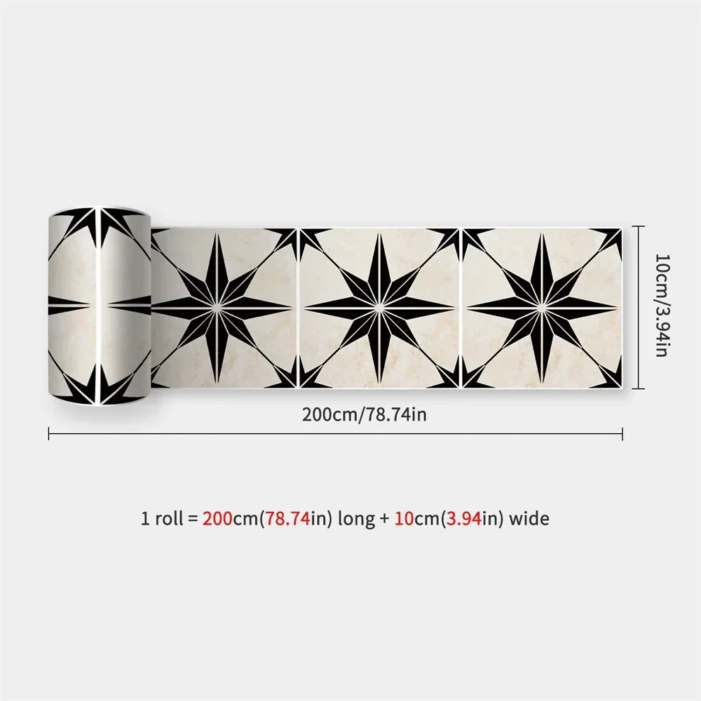 Partly unrolled strip of cream tiles each with a black eight-pointed star, dimensions marked 37