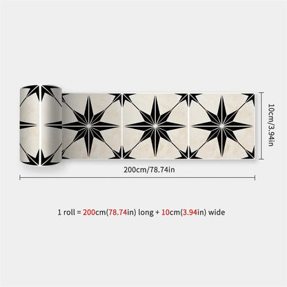 Partly unrolled strip of cream tiles each with a black eight-pointed star, dimensions marked 37