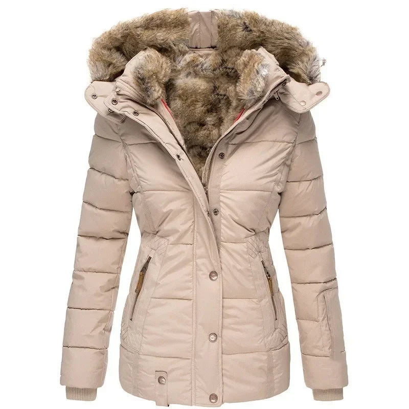 Second front view of the beige quilted parka, with the faux fur hood lining, popper placket and zipped side pockets. 9