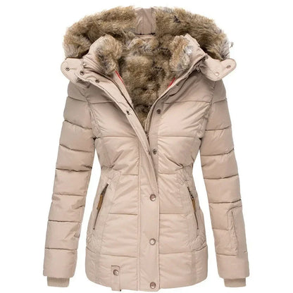 Second front view of the beige quilted parka, with the faux fur hood lining, popper placket and zipped side pockets. 9
